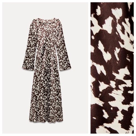 NWT. Zara Brown/Cream Printed Satin Effect Midi Dress with Ruffles. Size XXL. - Picture 7 of 12